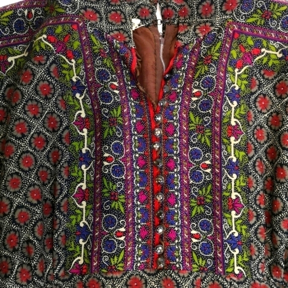 𝅺70s Batwing Vintage Paisley Geometric Impressionist Print Prairie Empire Dress - Picture 12 of 15